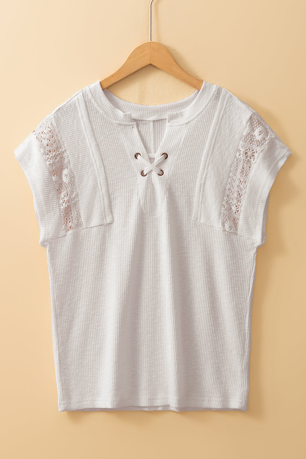 White Ribbed Texture Lace Patchwork Short Sleeve Top