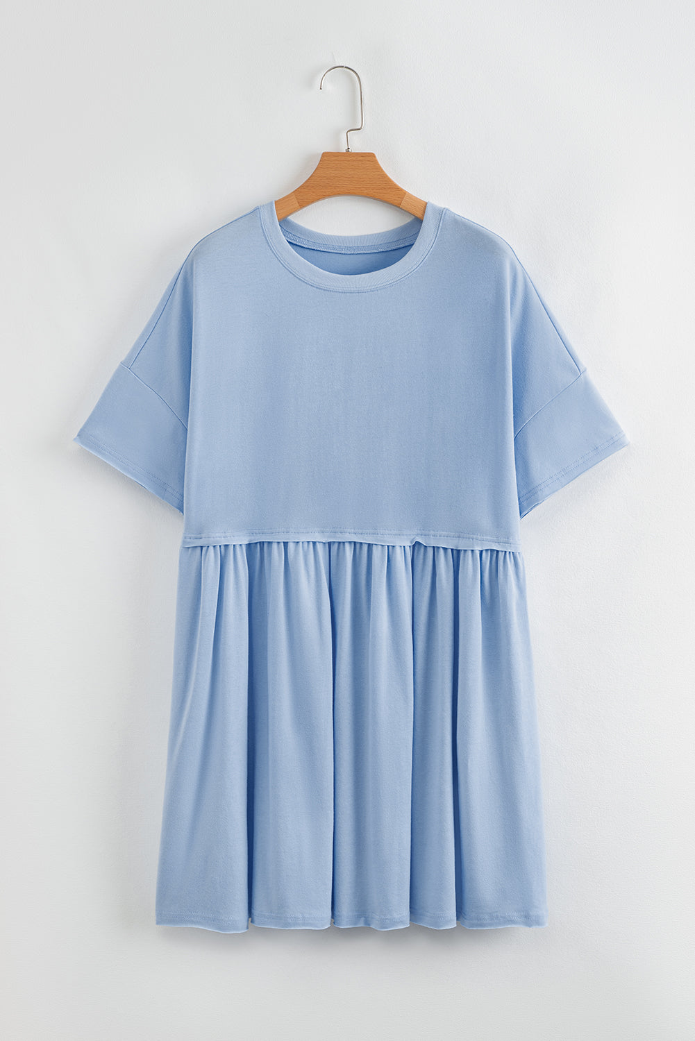 Sky Blue Solid Color Pocketed Raw Edge Babydoll Dress