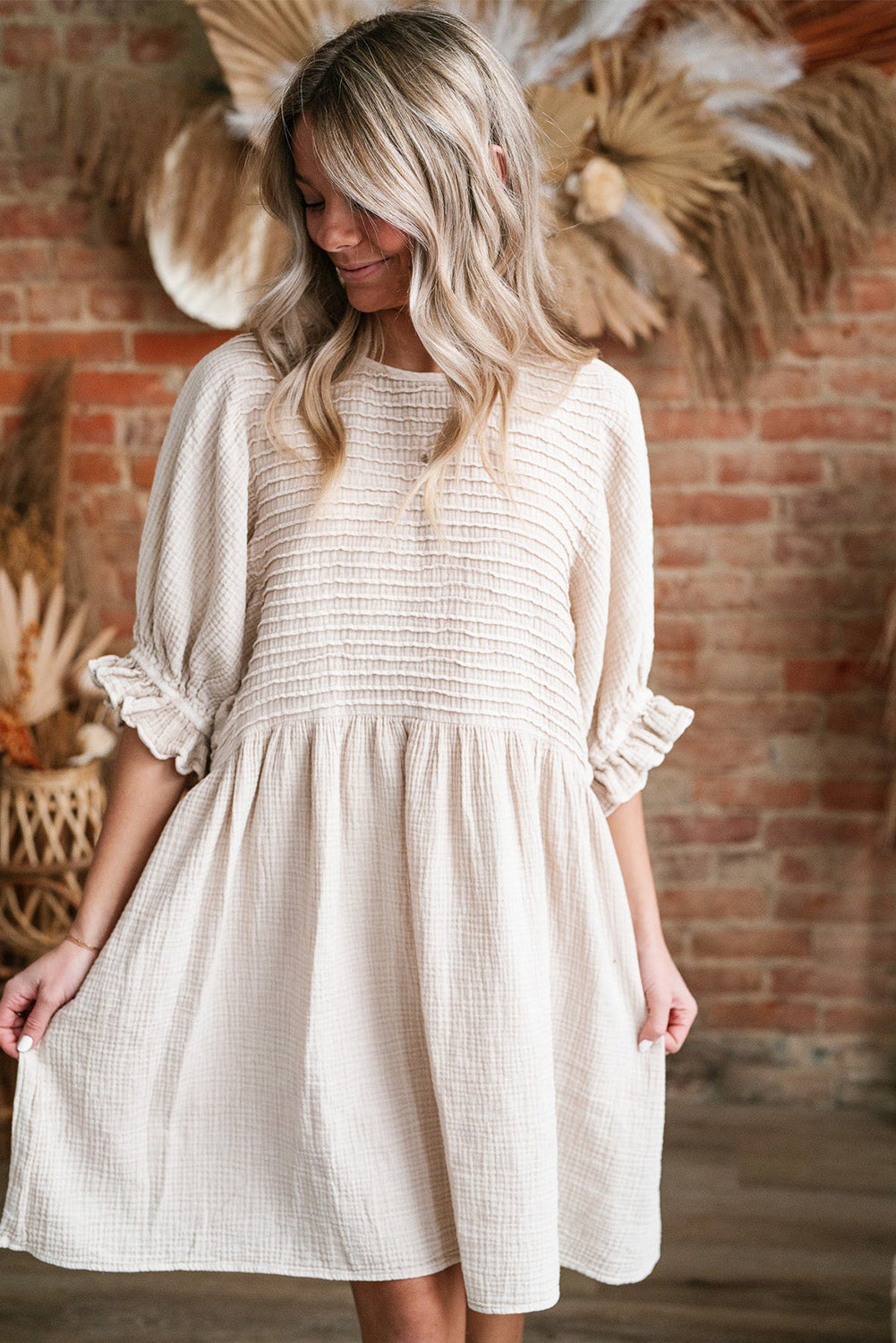 White Textured Ruffled Puff Sleeve Loose Dress