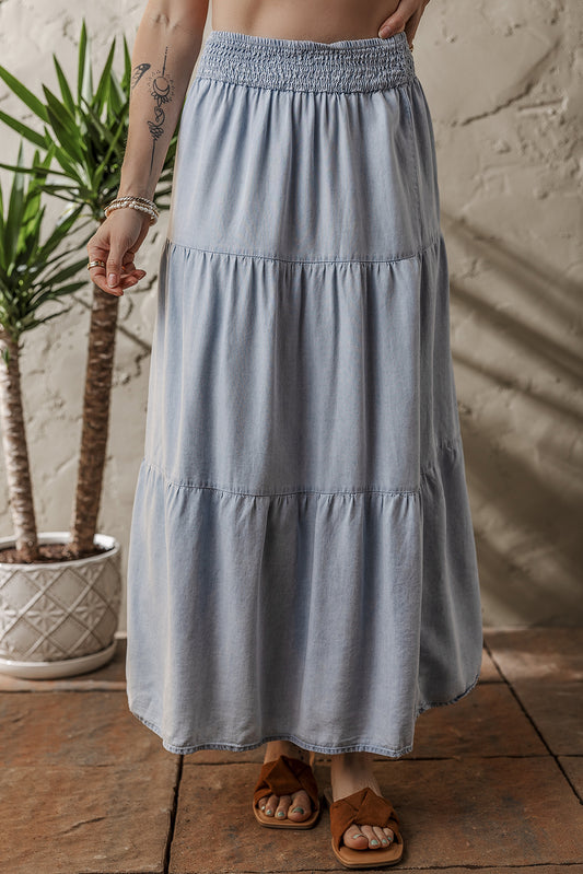 Beau Blue Tiered Smocked High Waist Denim Maxi Skirt