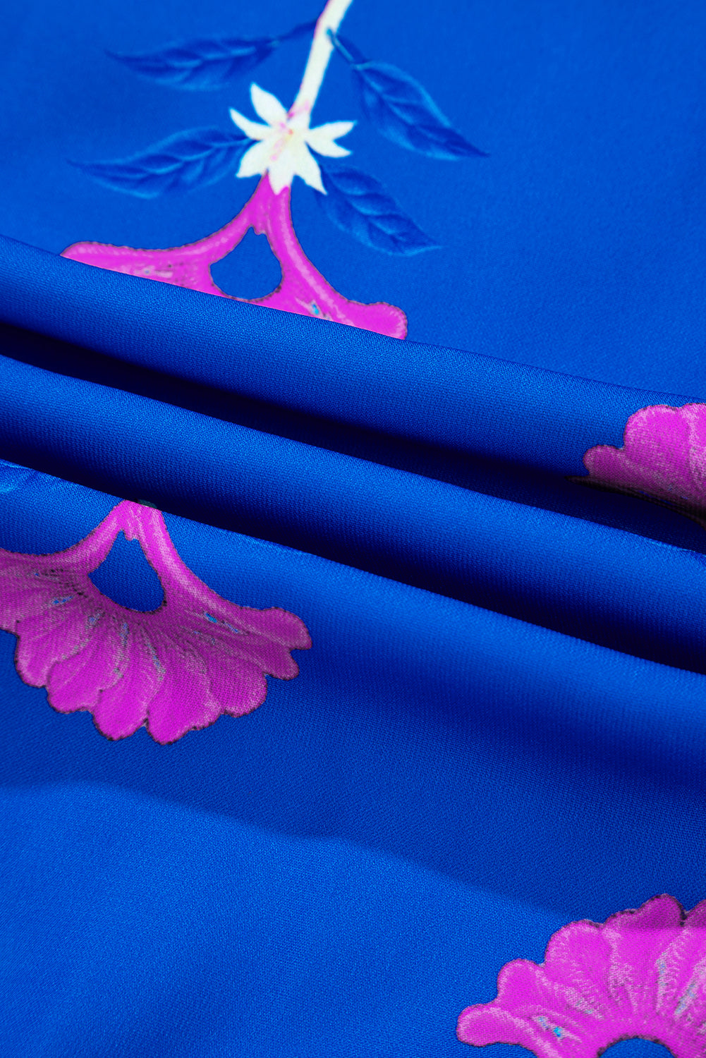 Blue Floral Print Notched Neck Butterfly Sleeve Shift Long Dress