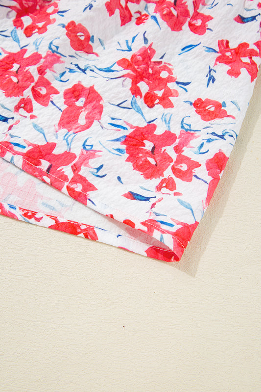 Red Floral Ruffled Half Sleeve V Neck Plus Size Dress