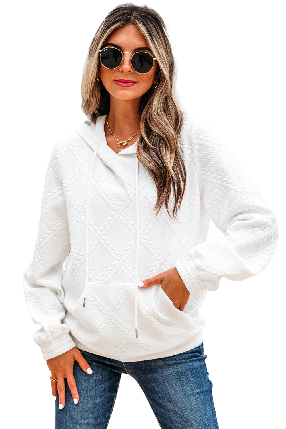 White Cable Lattice Texture Kangaroo Pocket Hoodie