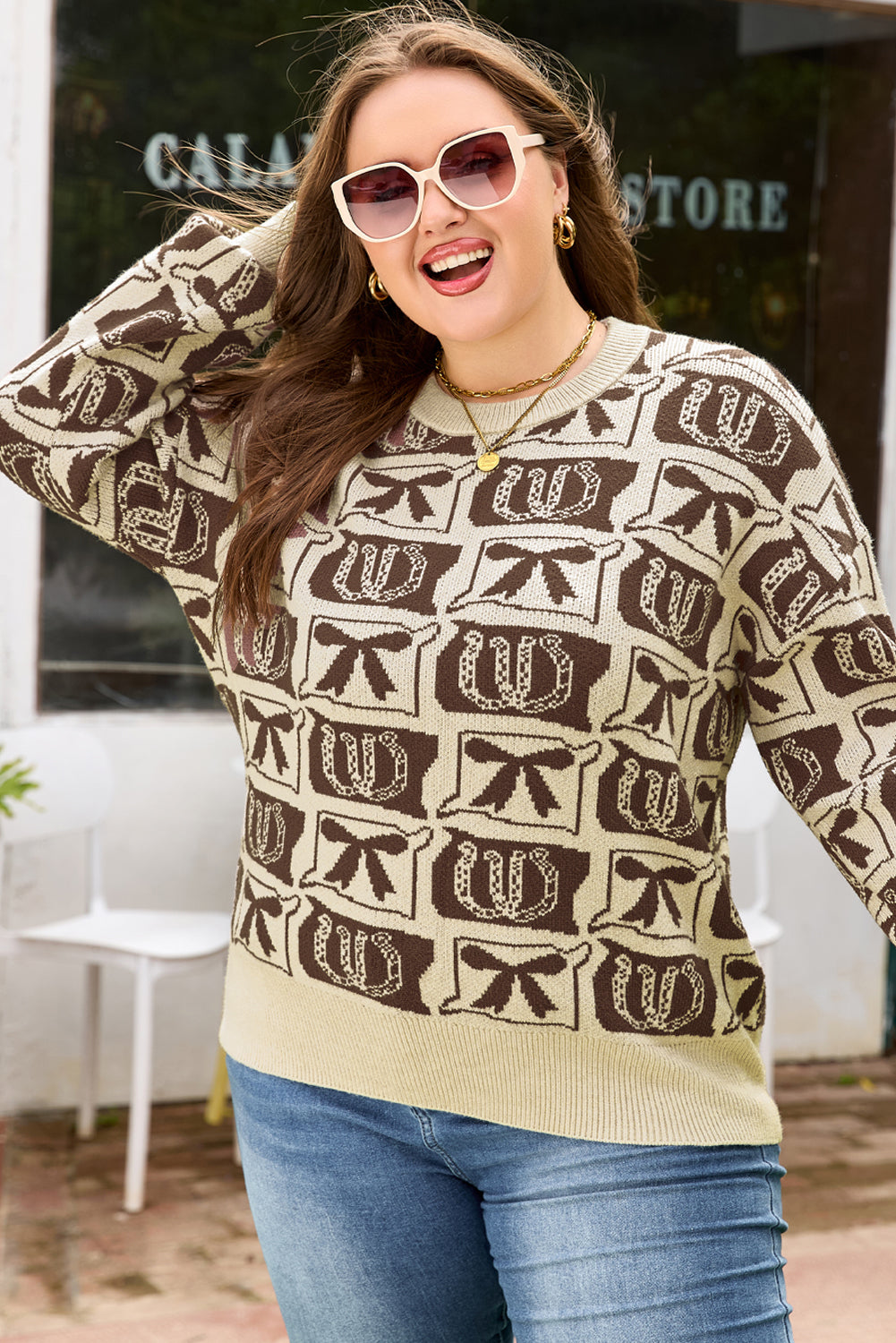 Brown Bow Horseshoe Print Checkered Plus Size Sweater