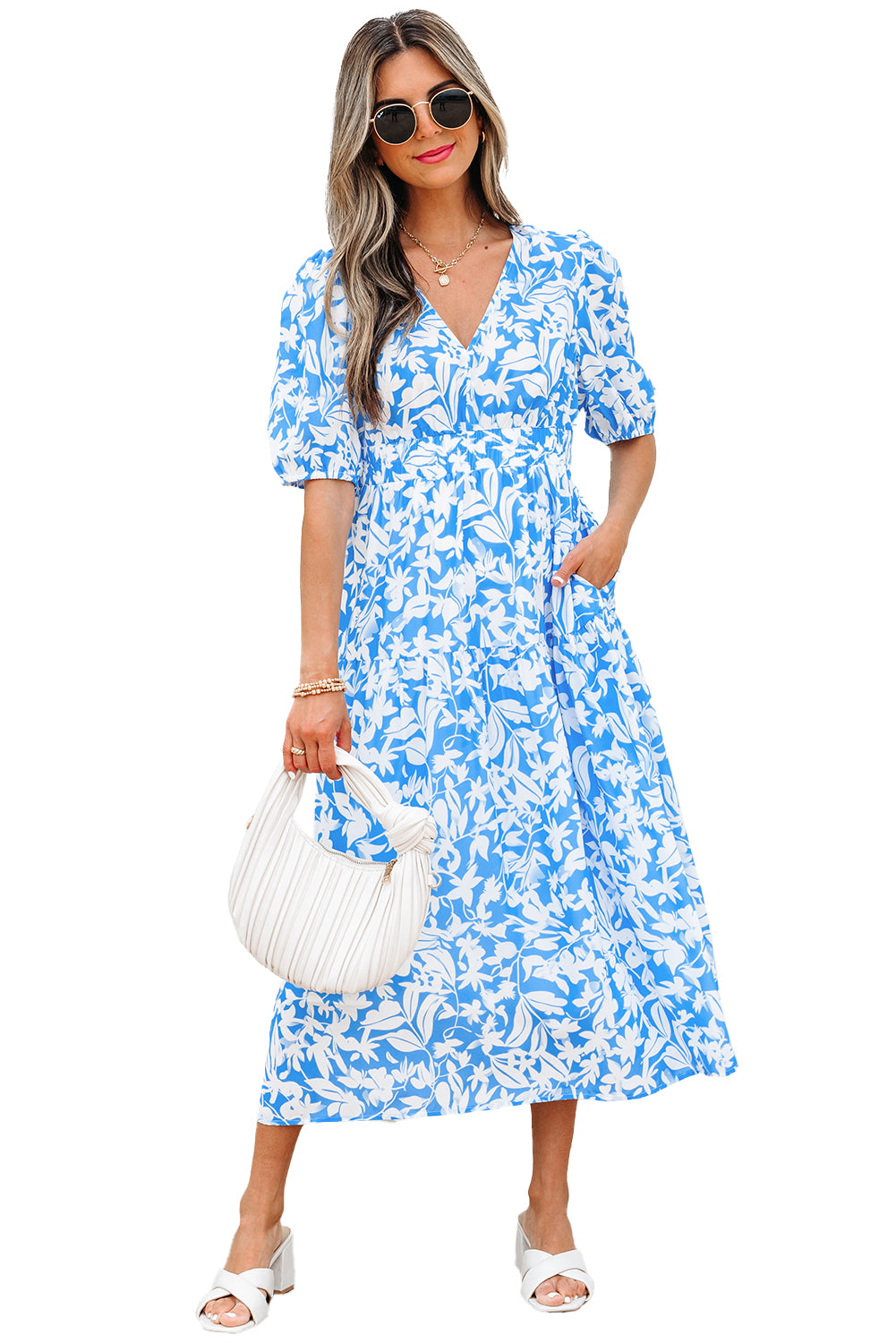 Sky Blue Floral V Neck Puff Short Sleeve Flowy Long Dress
