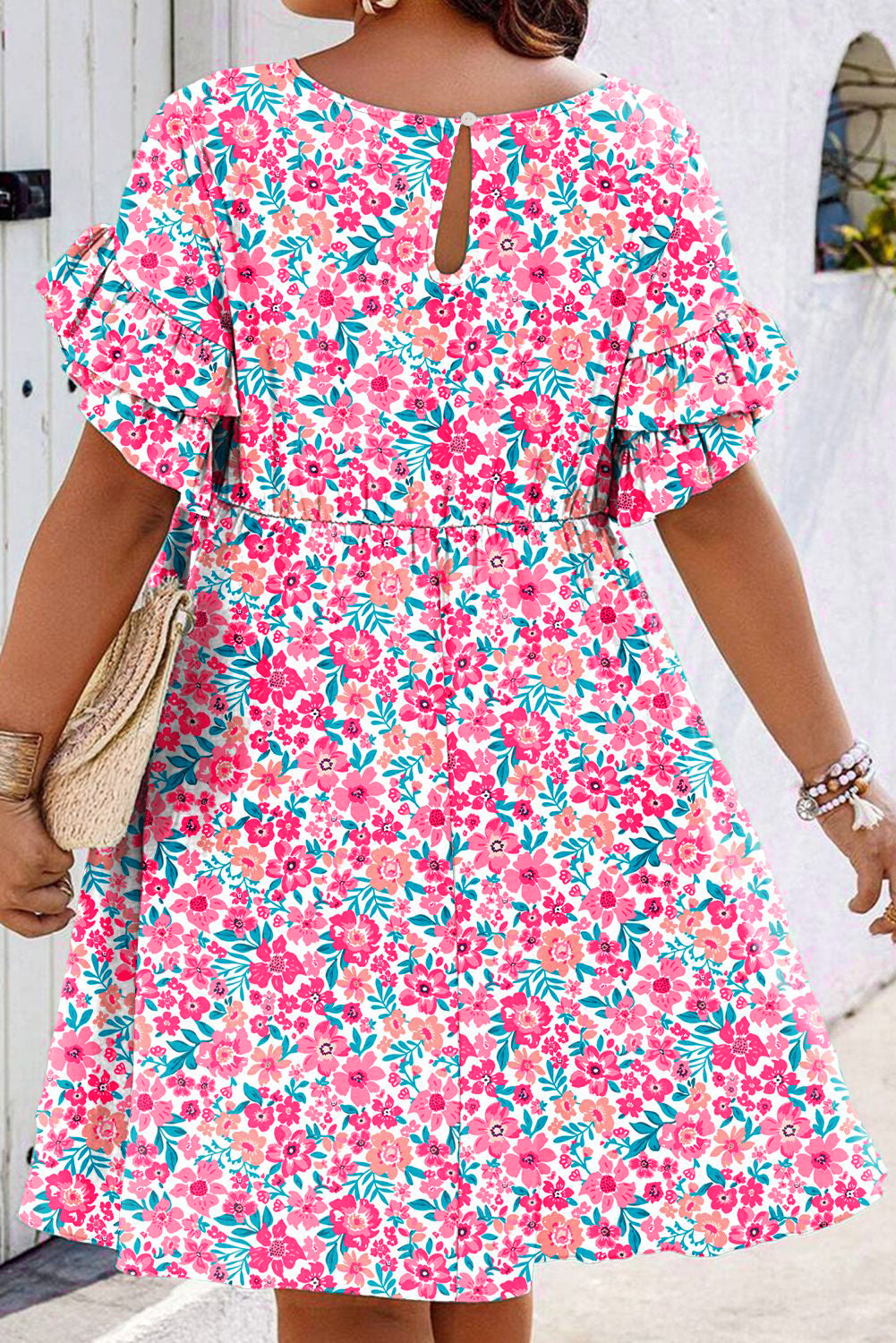 White Plus Size Floral Print Frilled Short Sleeve Flare Dress