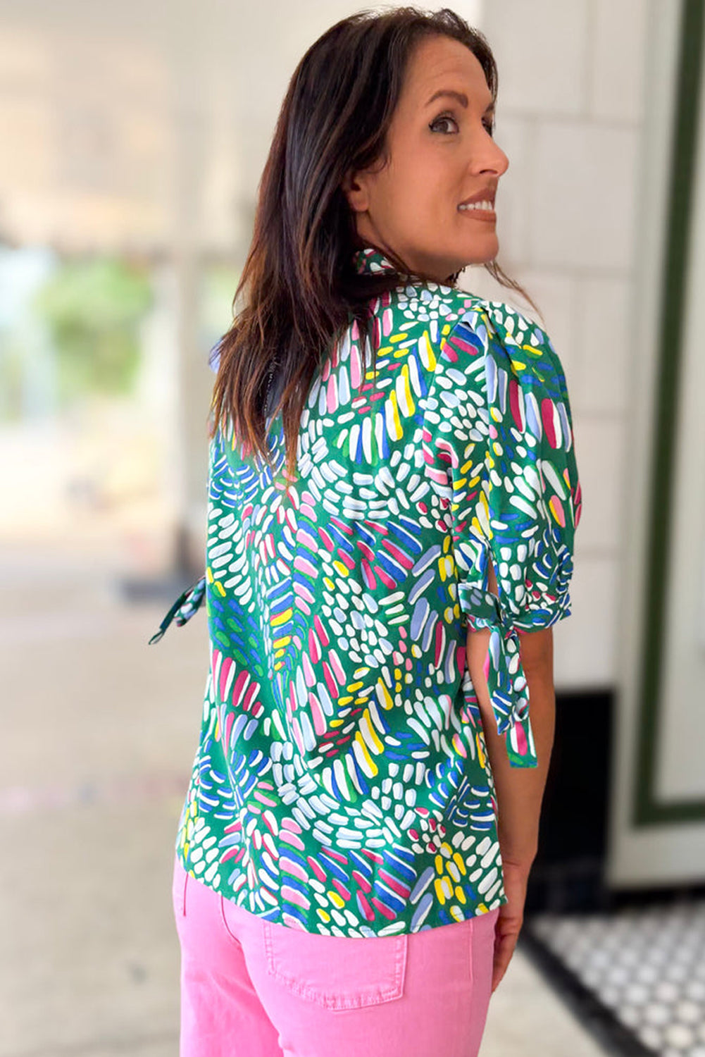 Green Abstract Print Knotted Short Sleeve Plus Size Blouse