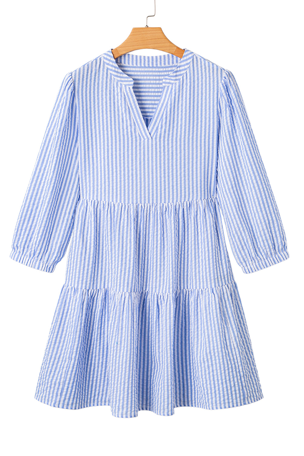 Sky Blue Stripe Bracelet Sleeve Tiered Shift Dress with Pockets