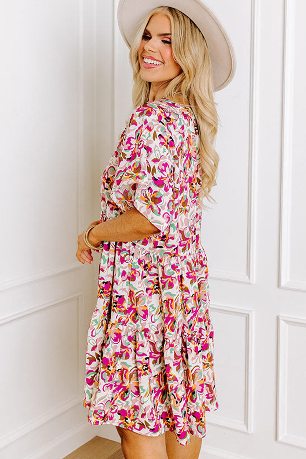 White Abstract Print V Neck Short Sleeve Ruffled Plus Size Mini Dress