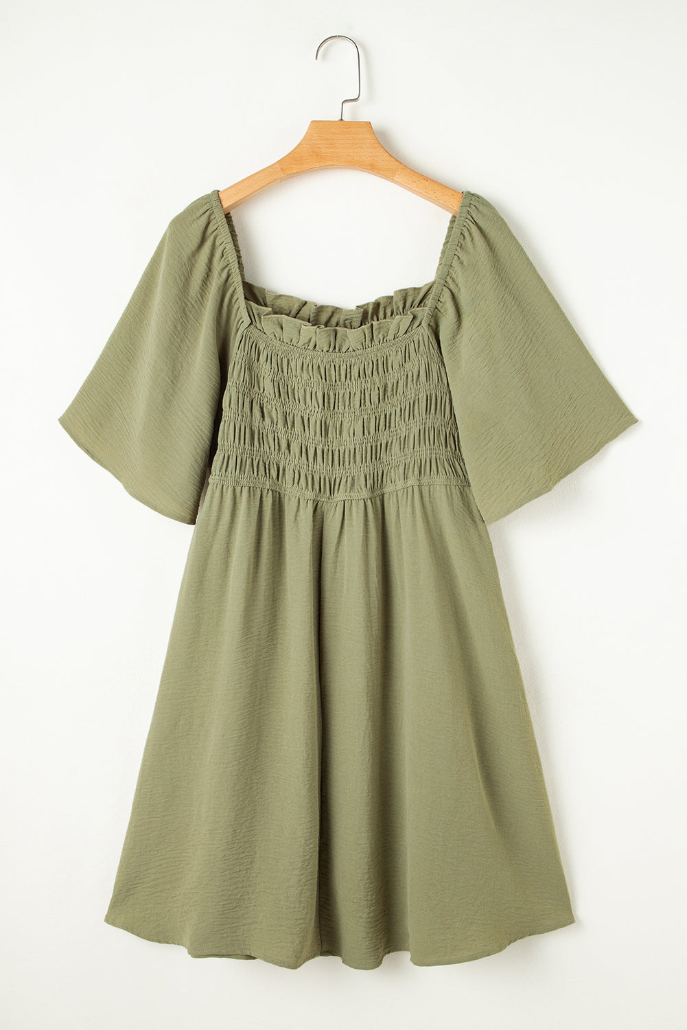 Grass Green Frilly Square Neck Flutter Sleeve Smocked High Waist Plus Size Dress