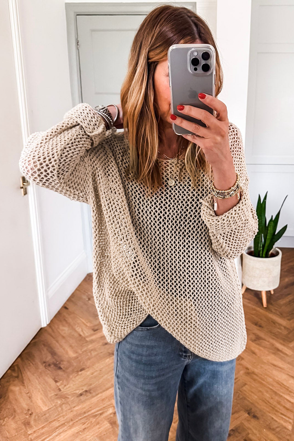 Smoke Gray Crochet Hollow-out Jumper Top Sweater