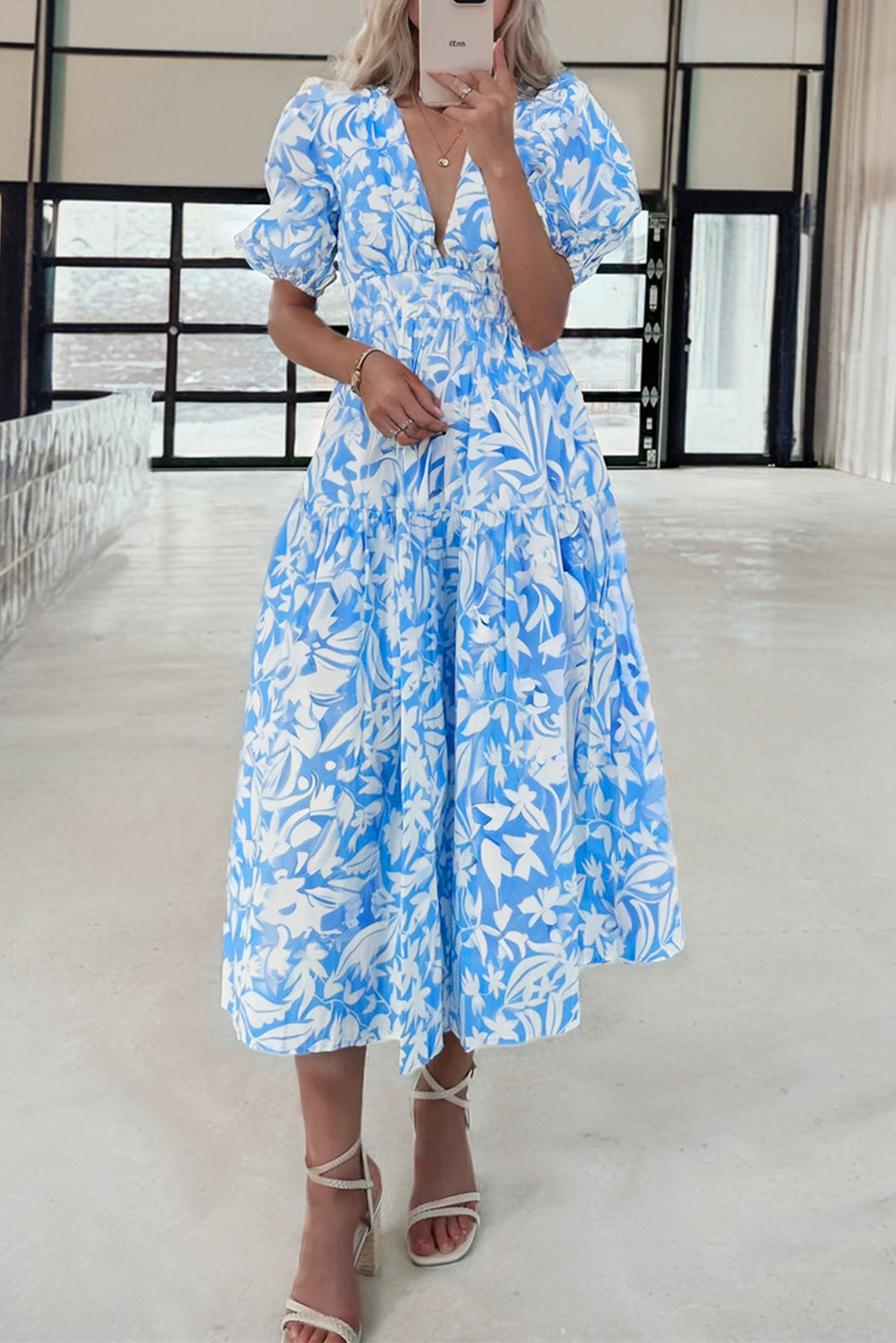 Sky Blue Floral V Neck Puff Short Sleeve Flowy Long Dress