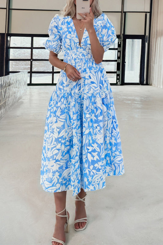 Sky Blue Floral V Neck Puff Short Sleeve Flowy Long Dress