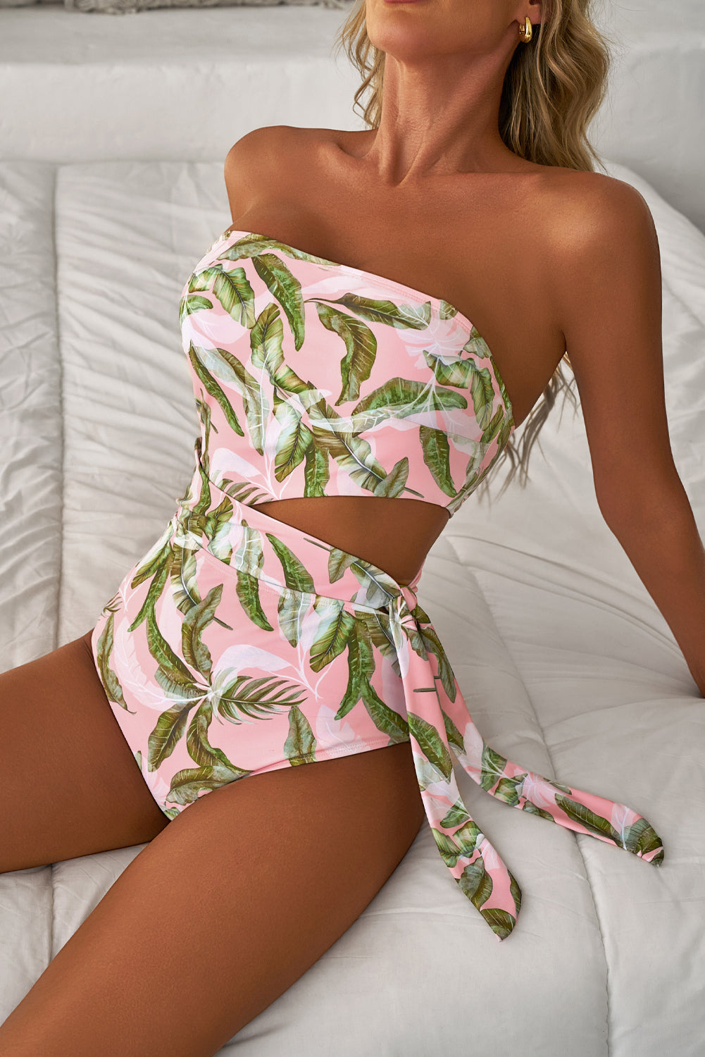 Pink Tropical Asymmetric Cut out Halter Backless One Piece Swimwear