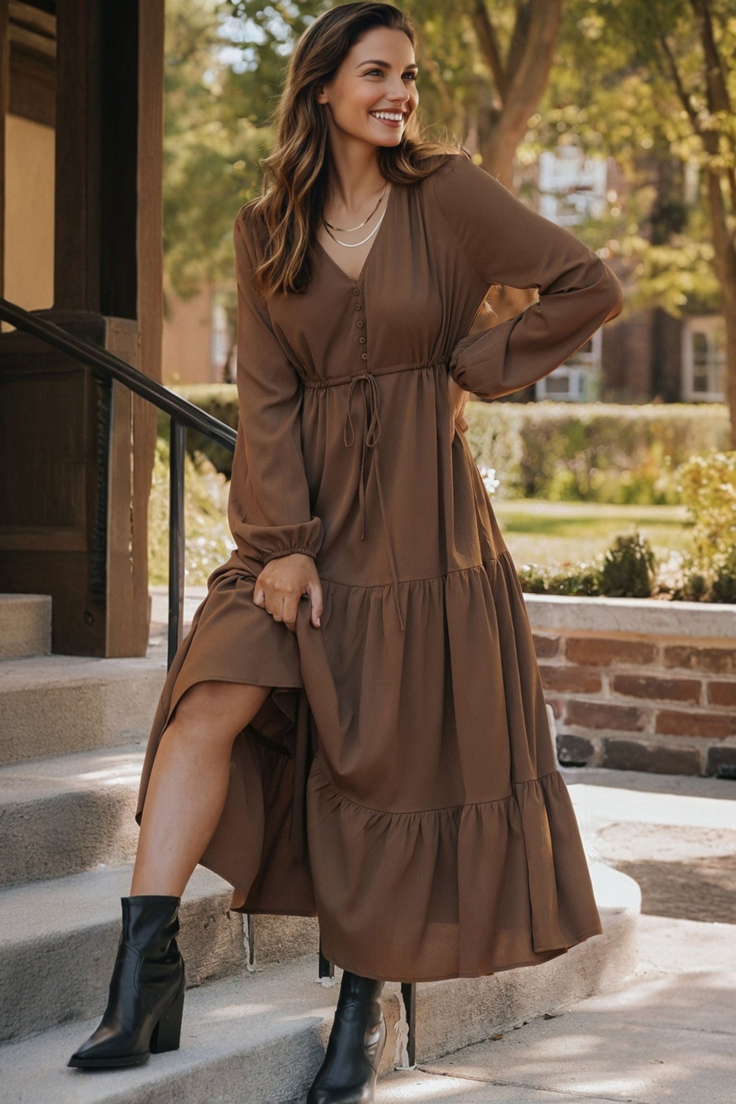 Chestnut Solid Long Sleeve Button V Neck Tiered Maxi Dress