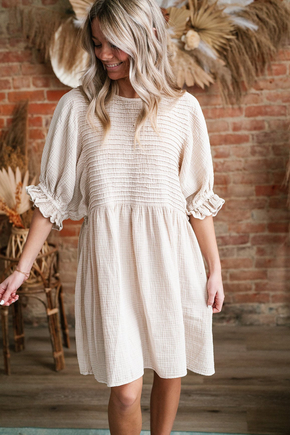 White Textured Ruffled Puff Sleeve Loose Dress