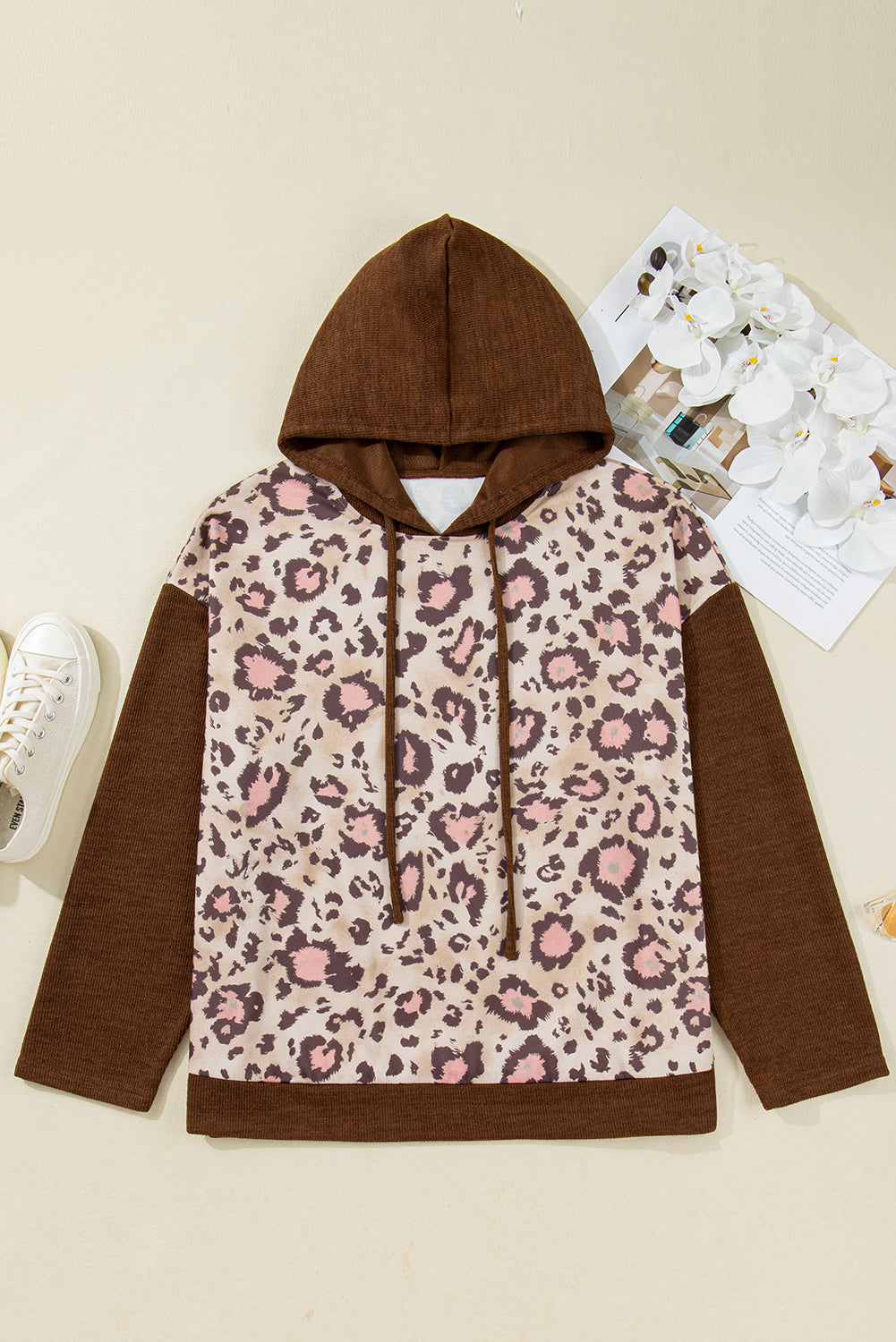 Brown Leopard Print Knit Patchwork Plus Hoodie