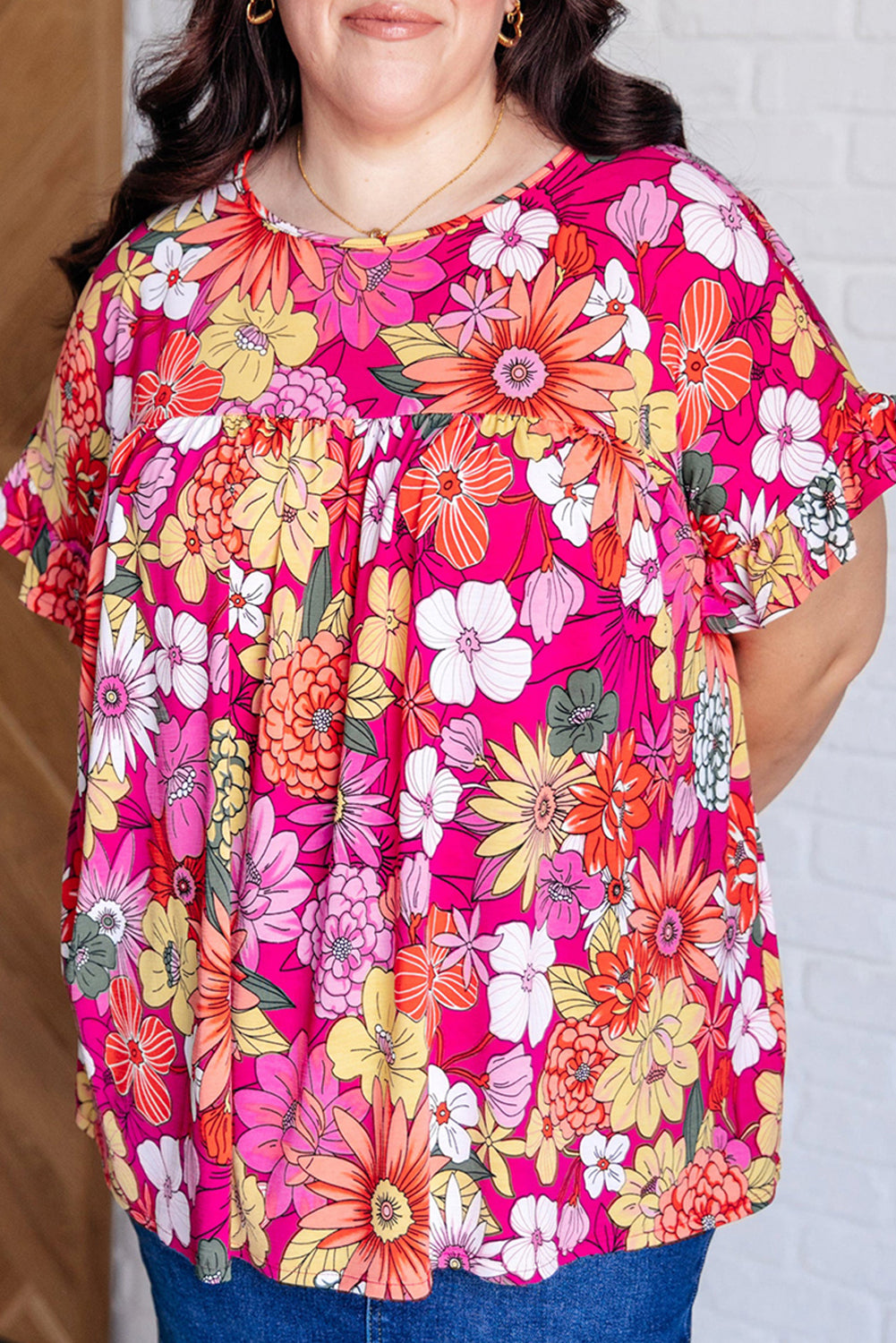 Rose Plus Size Floral Print Ruffle Short Sleeve Blouse