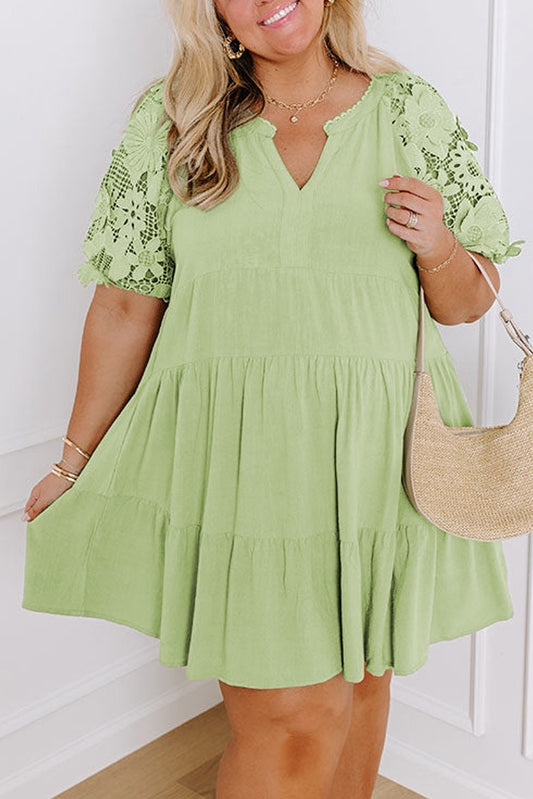 Laurel Green Floral Crochet Short Sleeve Notch V Neck Tiered Plus Size Mini Dress