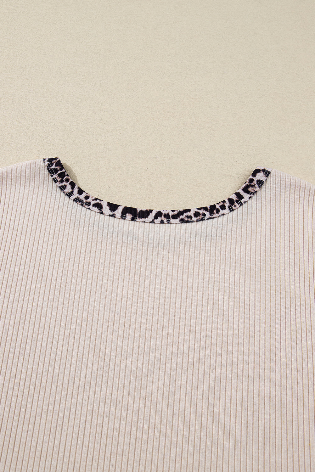 Parchment Ribbed Contrast Leopard Edge Round Neck Plus Knit Top