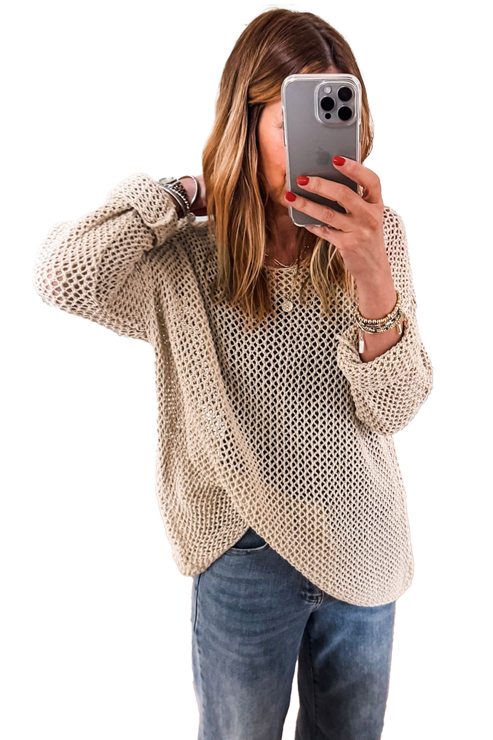 Smoke Gray Crochet Hollow-out Jumper Top Sweater