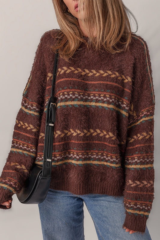 Brown Ethnic Pattern Mohair Knitted Drop Shoulder Sweater