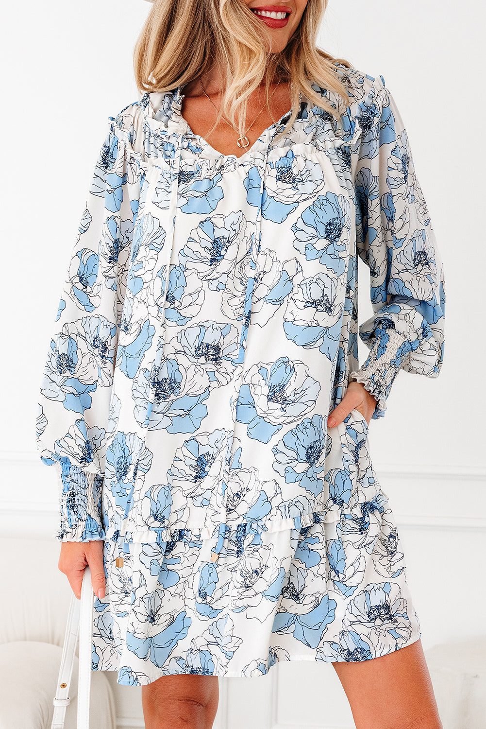 Sky Blue Floral Print Tie Neck Long Sleeve Flowy Mini Dress