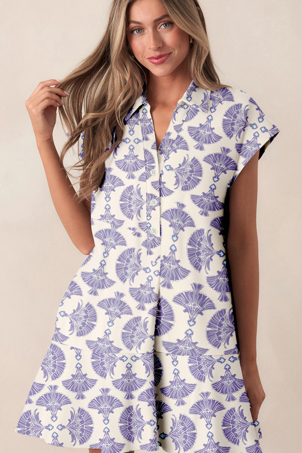 Sky Blue Printed Shirt Collar Half Button A-line Mini Dress