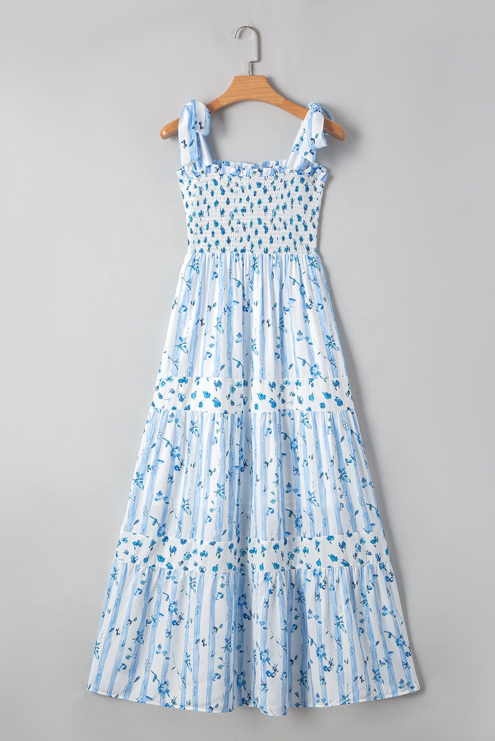 Sky Blue Floral Smocked Tied Straps A-Lined Tiered Maxi Dress