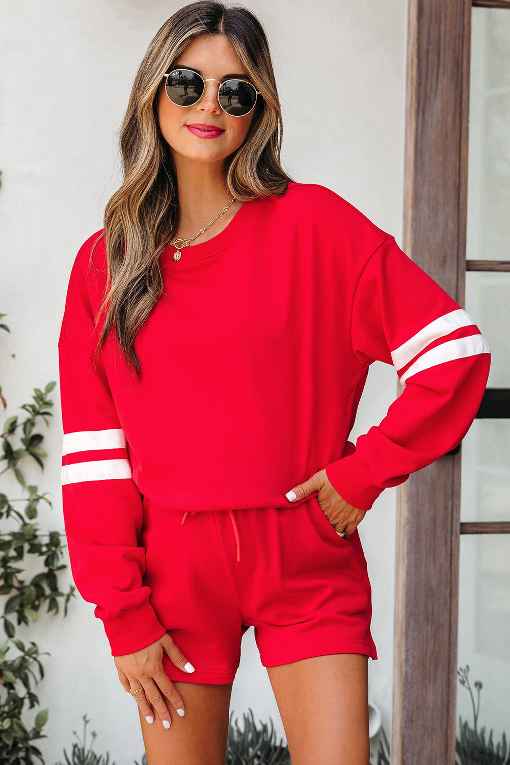 Fiery Red Varsity Striped Sleeve Drop Shoulder Sweatshirt and Short Set