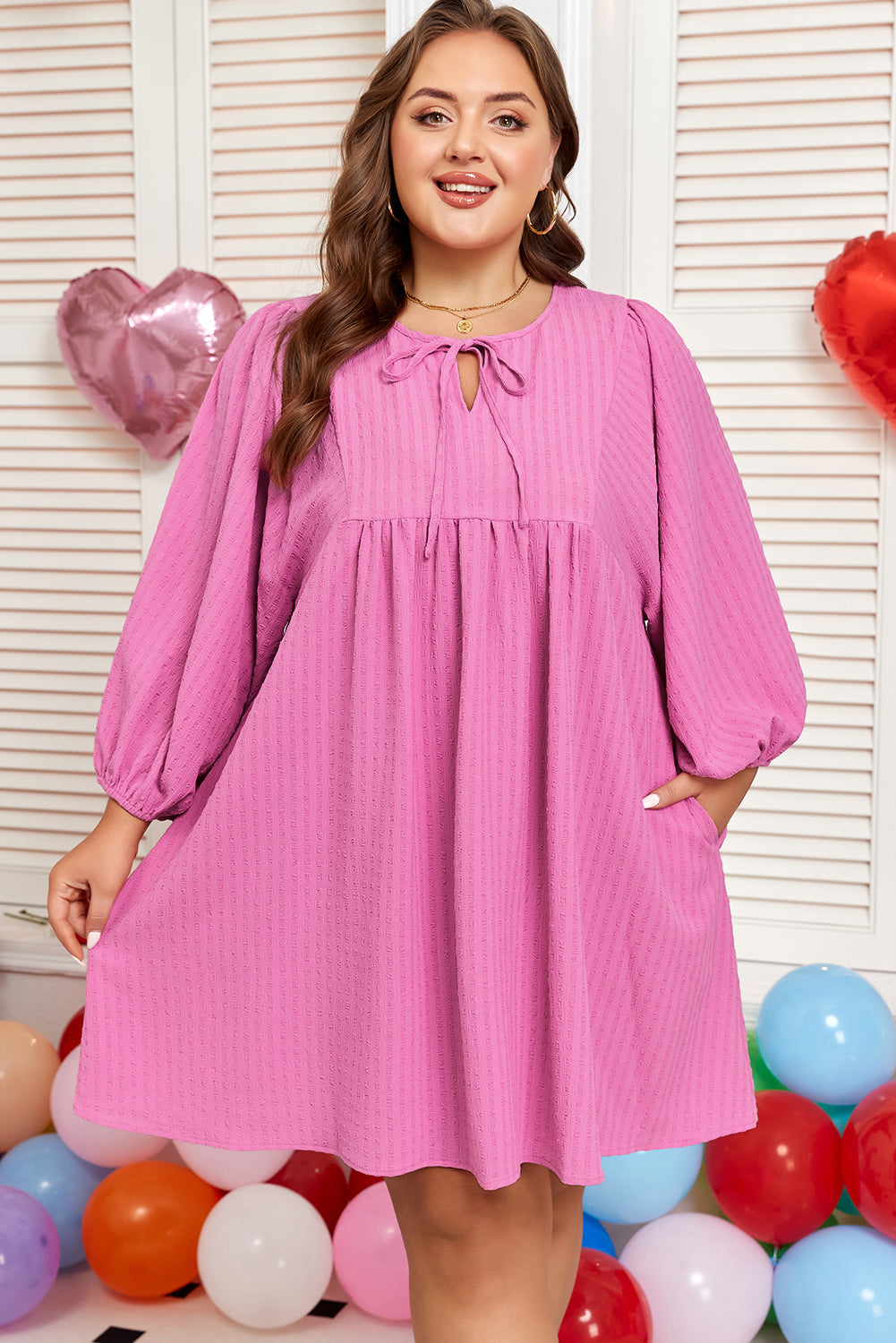 Sachet Pink Plus Size Textured Tie Split Neck Puff Sleeve Flowy Mini Dress