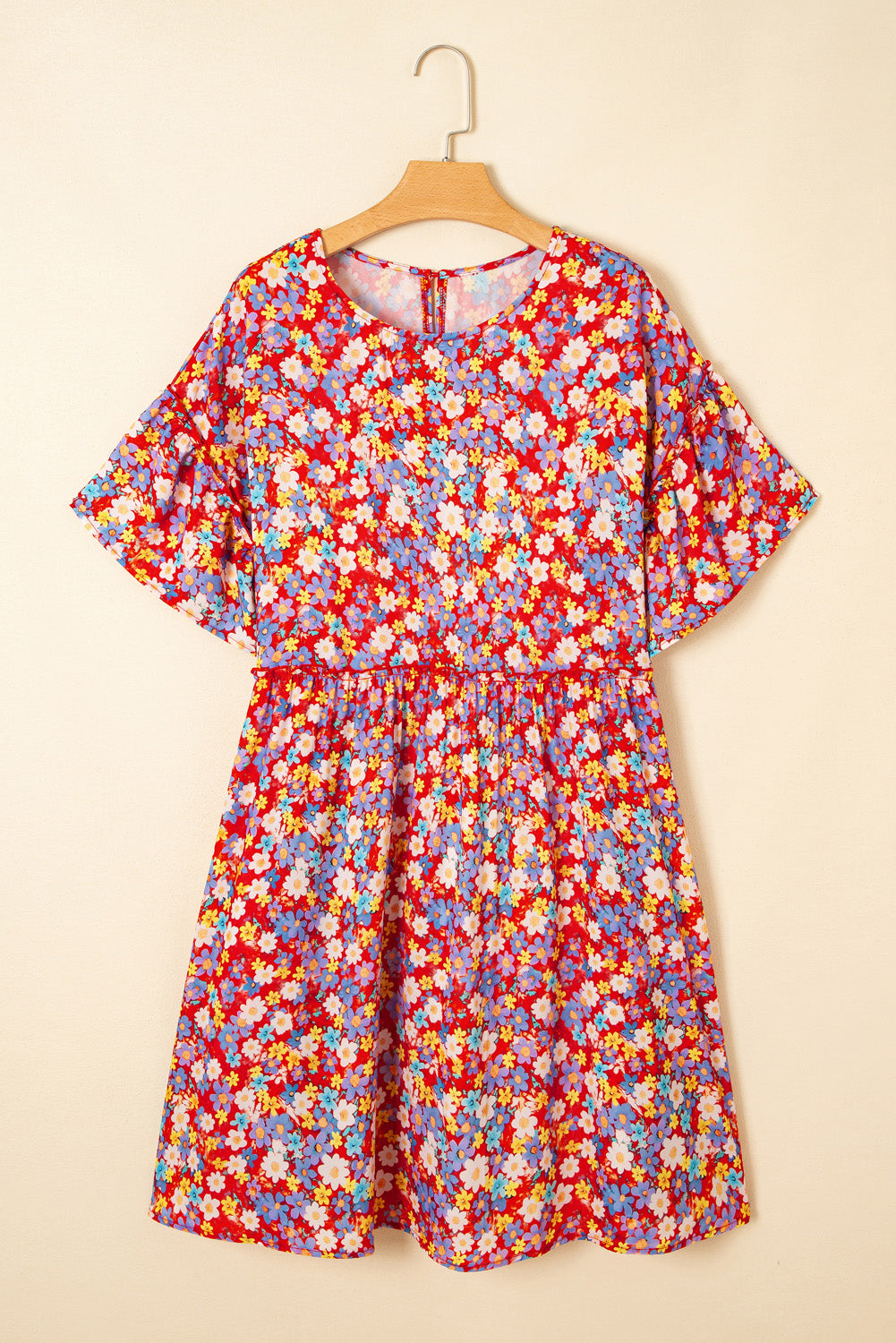 Red Dainty Flower Printed Plus Size Short Sleeve Shift Dress