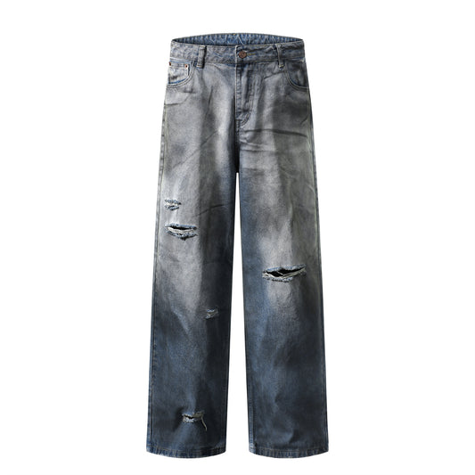 Washed Distressed Straight Leg Denim Pants