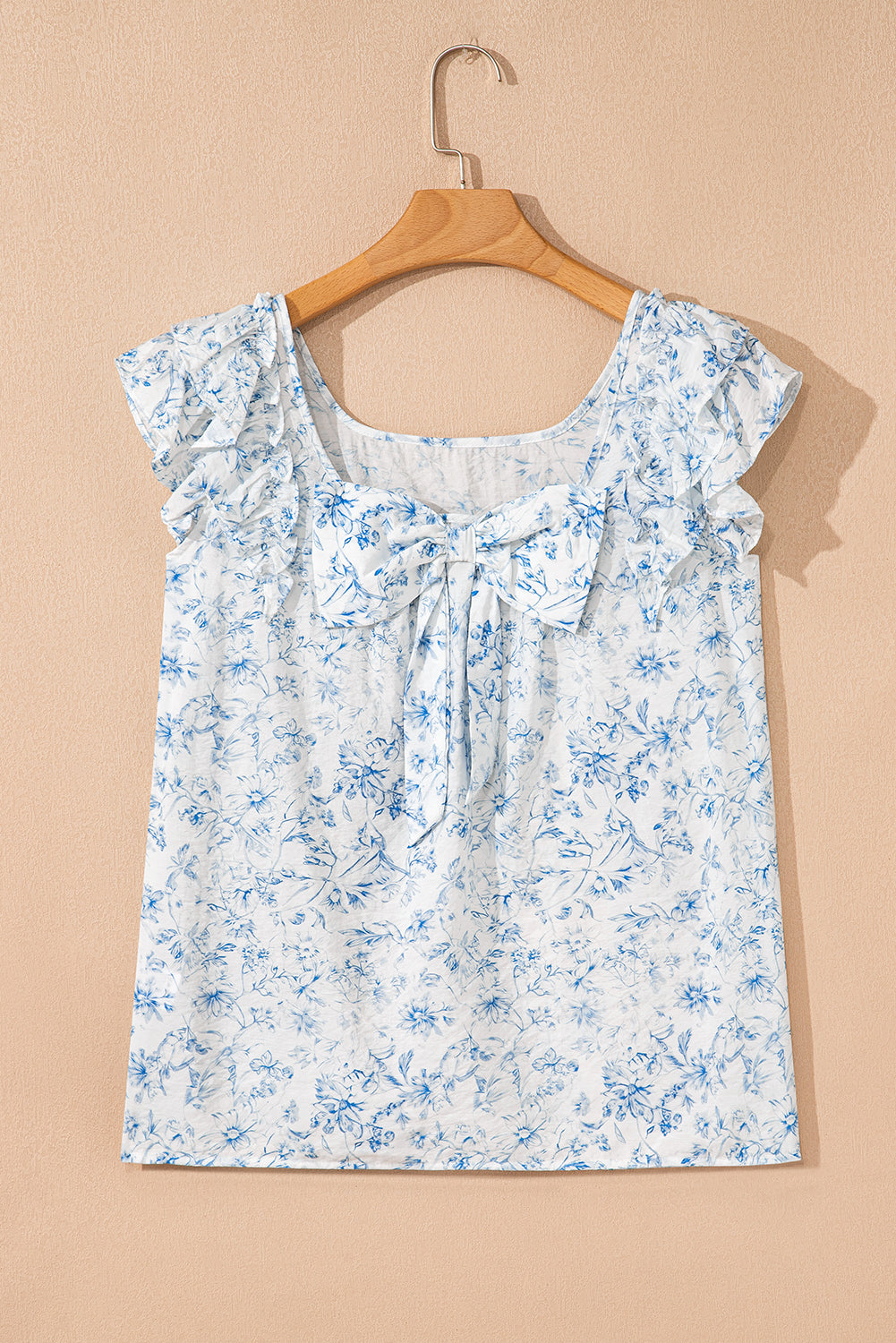 Sky Blue Floral Ruffled Short Sleeve Bow Back Square Neck Blouse