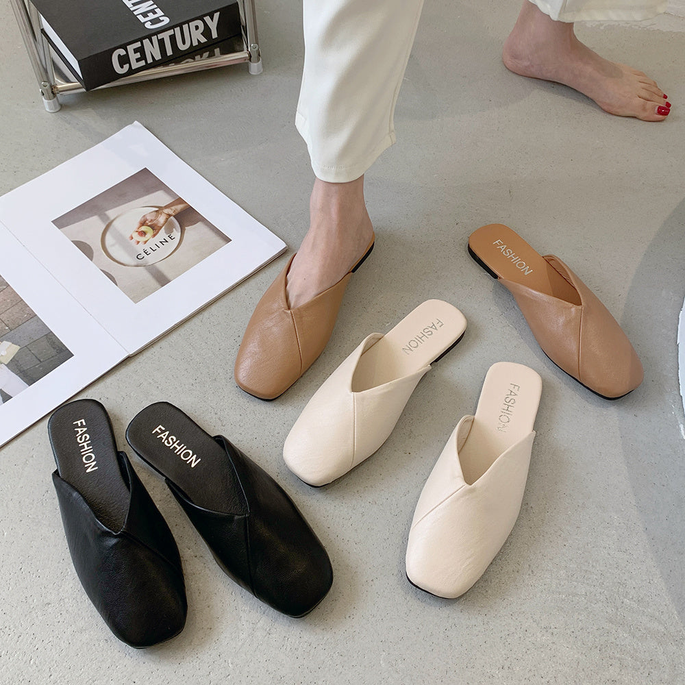 Square Toe Cap Half Slippers Women's Flat Plus Size Sandals