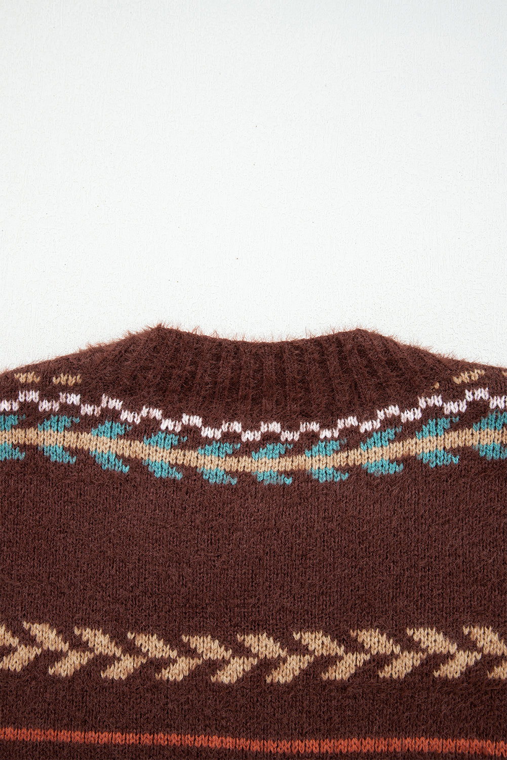 Brown Ethnic Pattern Mohair Knitted Drop Shoulder Sweater