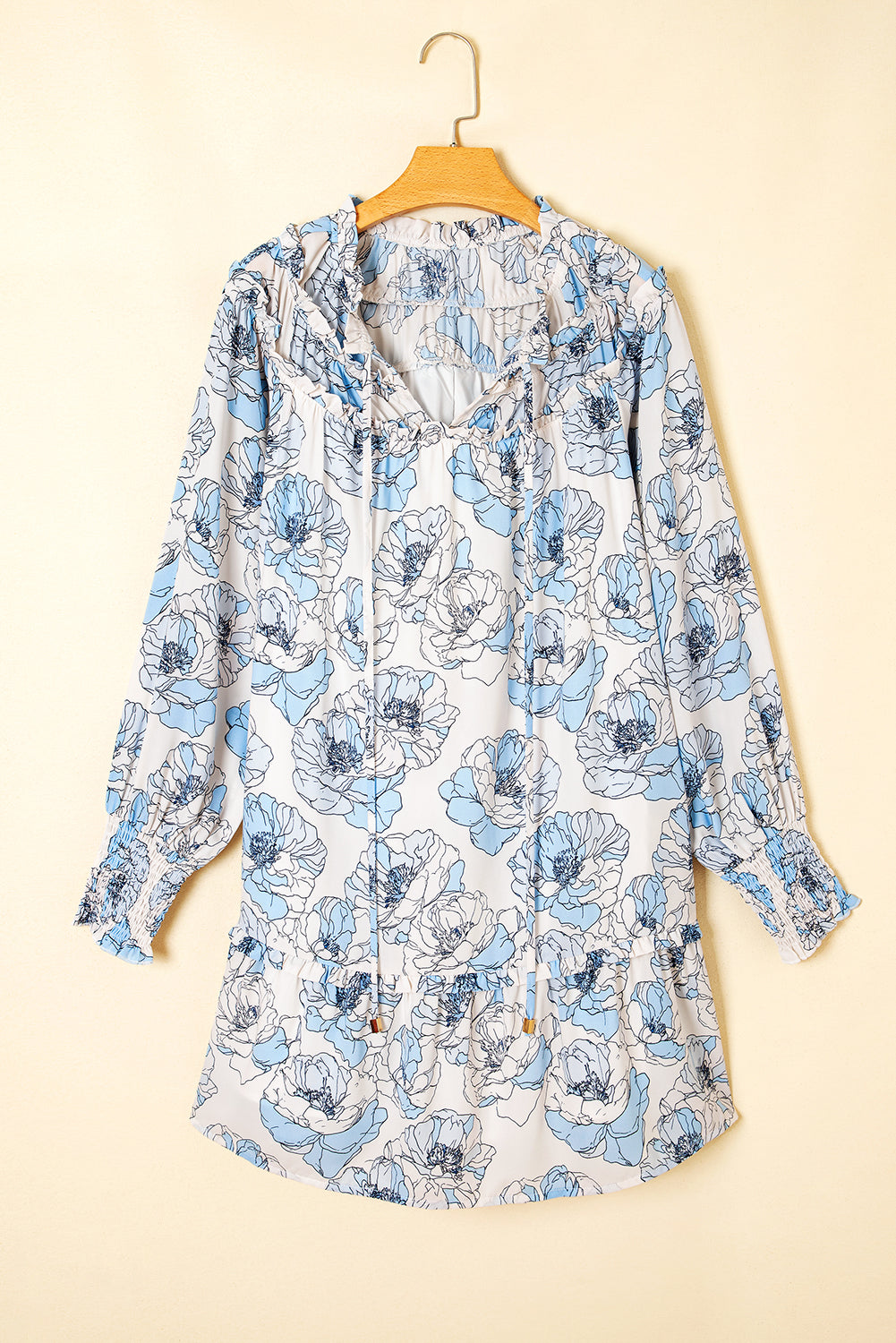 Sky Blue Floral Print Tie Neck Long Sleeve Flowy Mini Dress