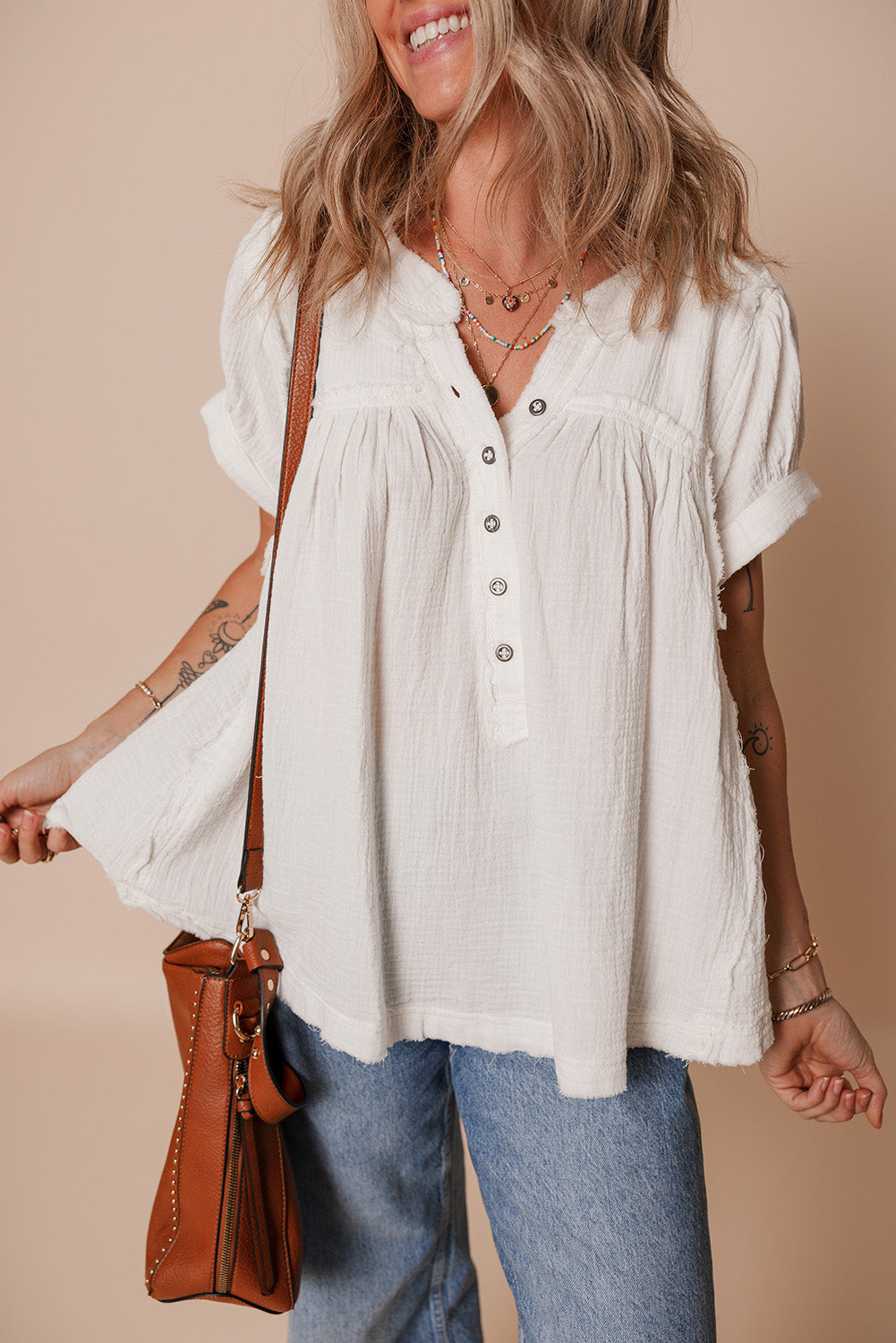 White Textured Short Sleeve Buttons Frayed Blouse