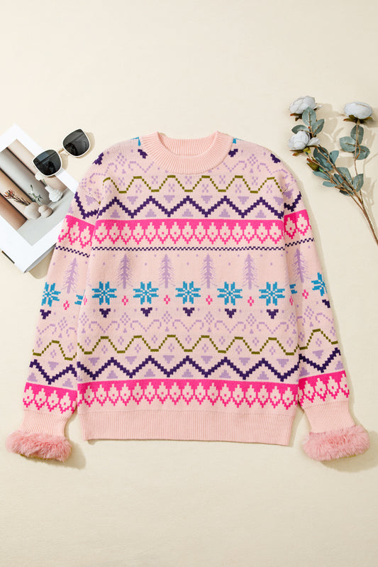 Multicolour Ethnic Christmas Pattern Knit Feather Cuffed Sweater