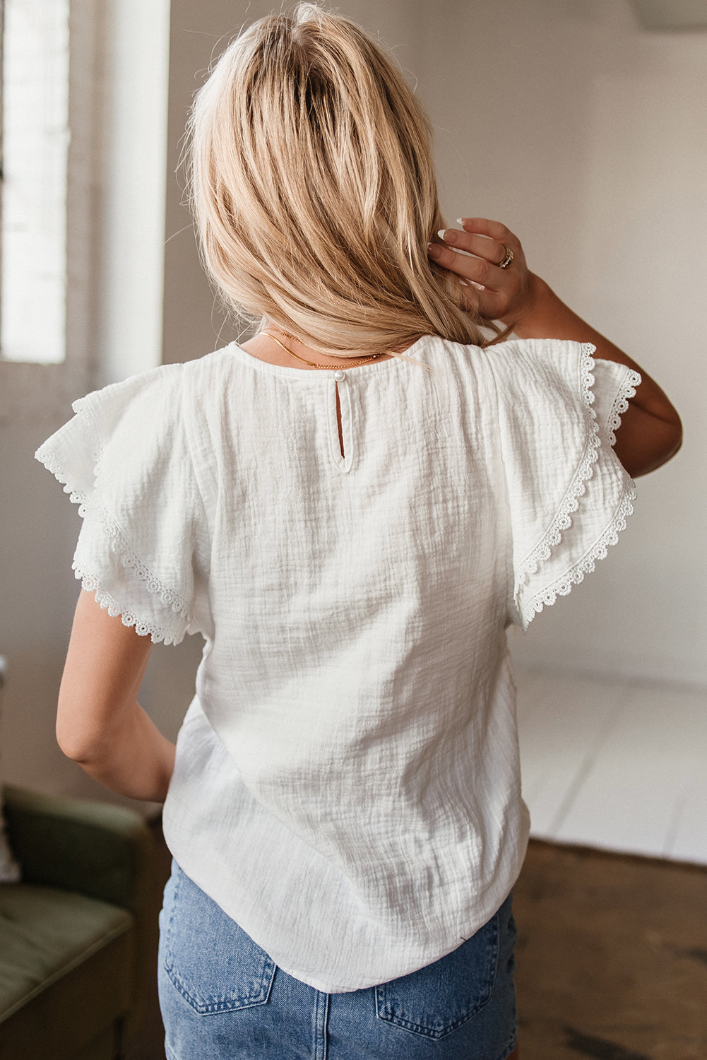 White Crinkled Layered Ruffled Flutter Sleeve Blouse