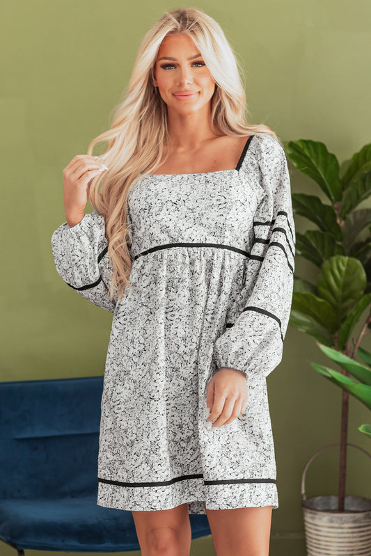 Gray Floral Print Open Back Balloon Sleeve Square Neck Mini Dress