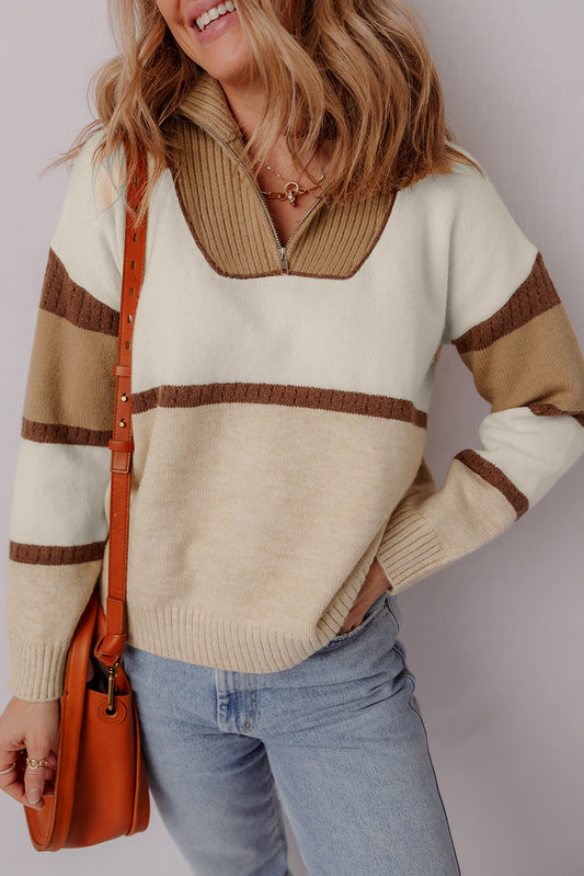 Parchment Colorblock Zipped Collared Pullover Sweater