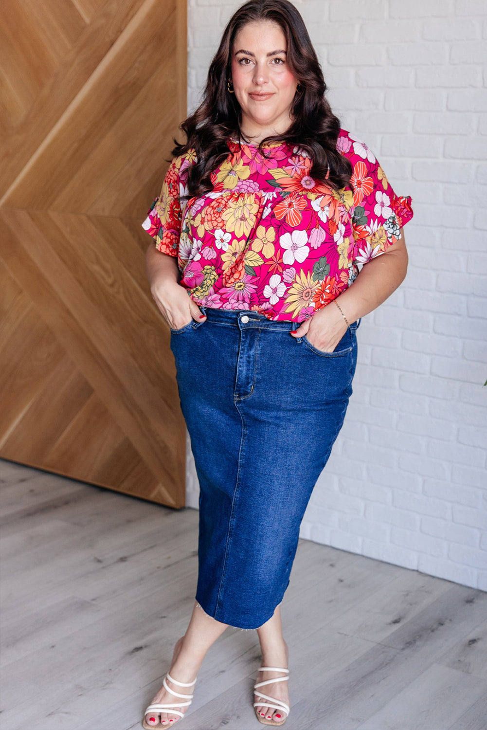 Rose Plus Size Floral Print Ruffle Short Sleeve Blouse