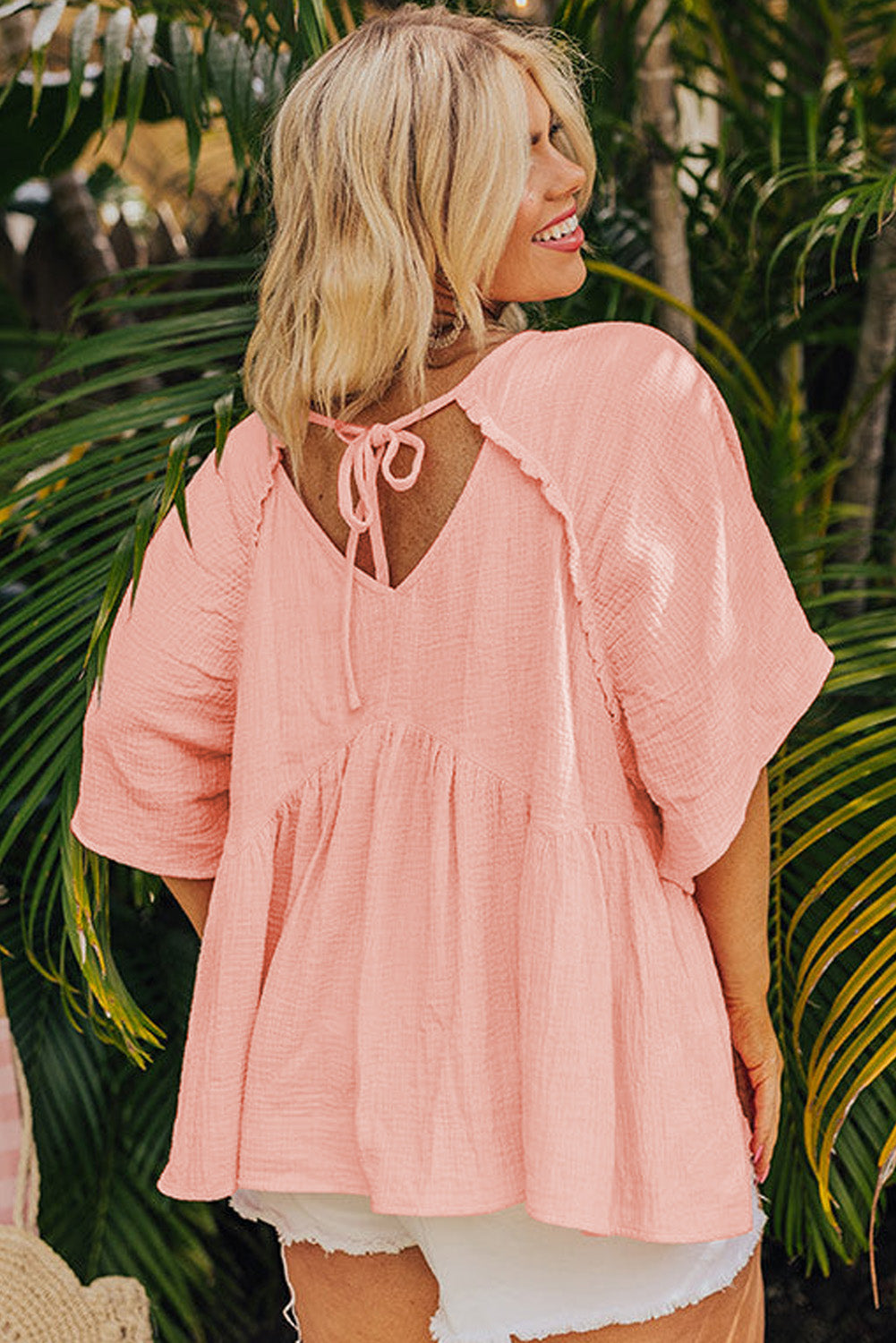 Apricot Pink Plus Size Textured Wide Short Sleeve Babydoll Blouse