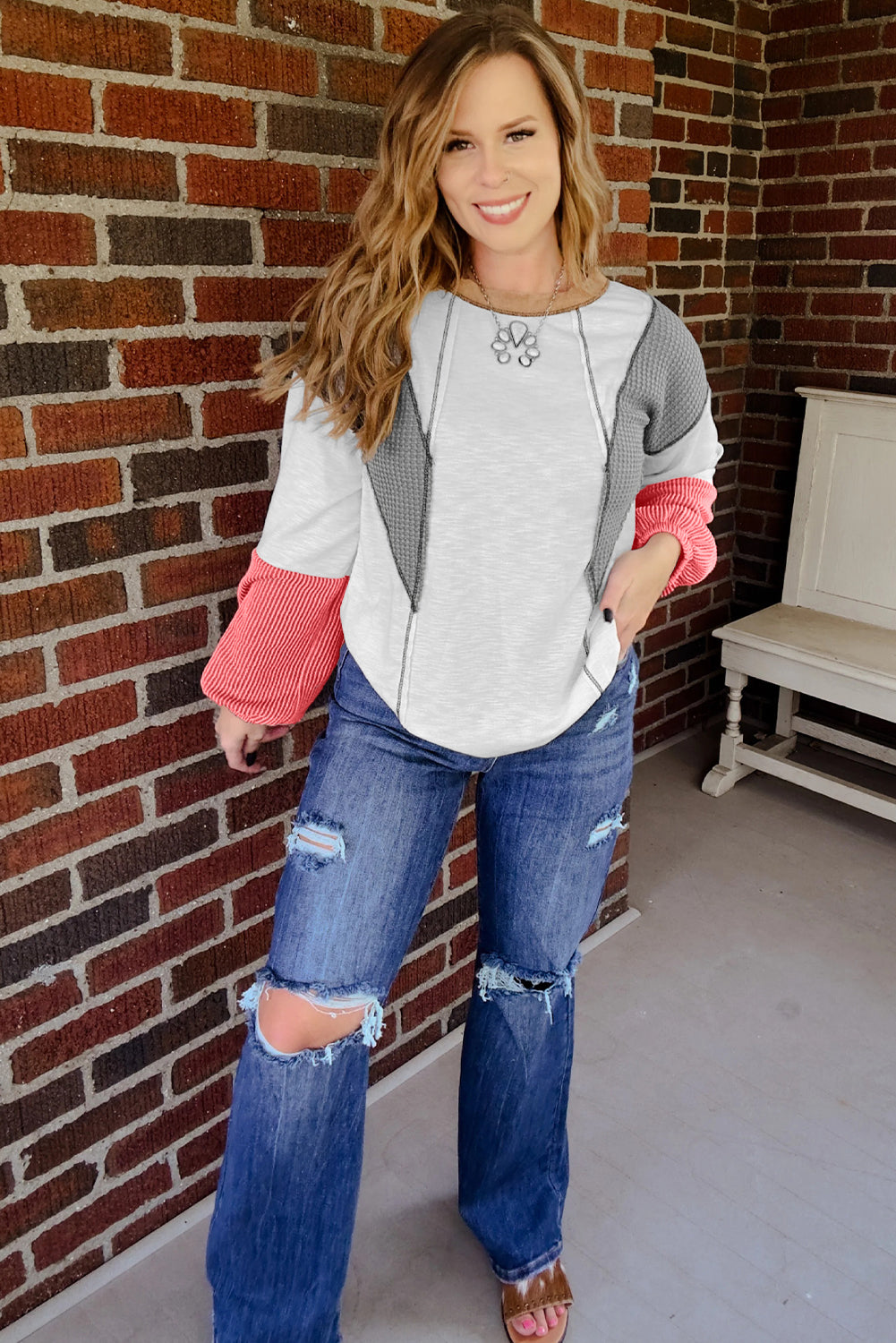 White Contrast Block Mixed Textured Knit Patchwork Casual Top