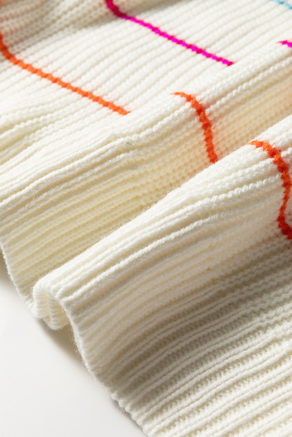 White Colorful Striped Detail V Neck Drop Shoulder Baggy Sweater