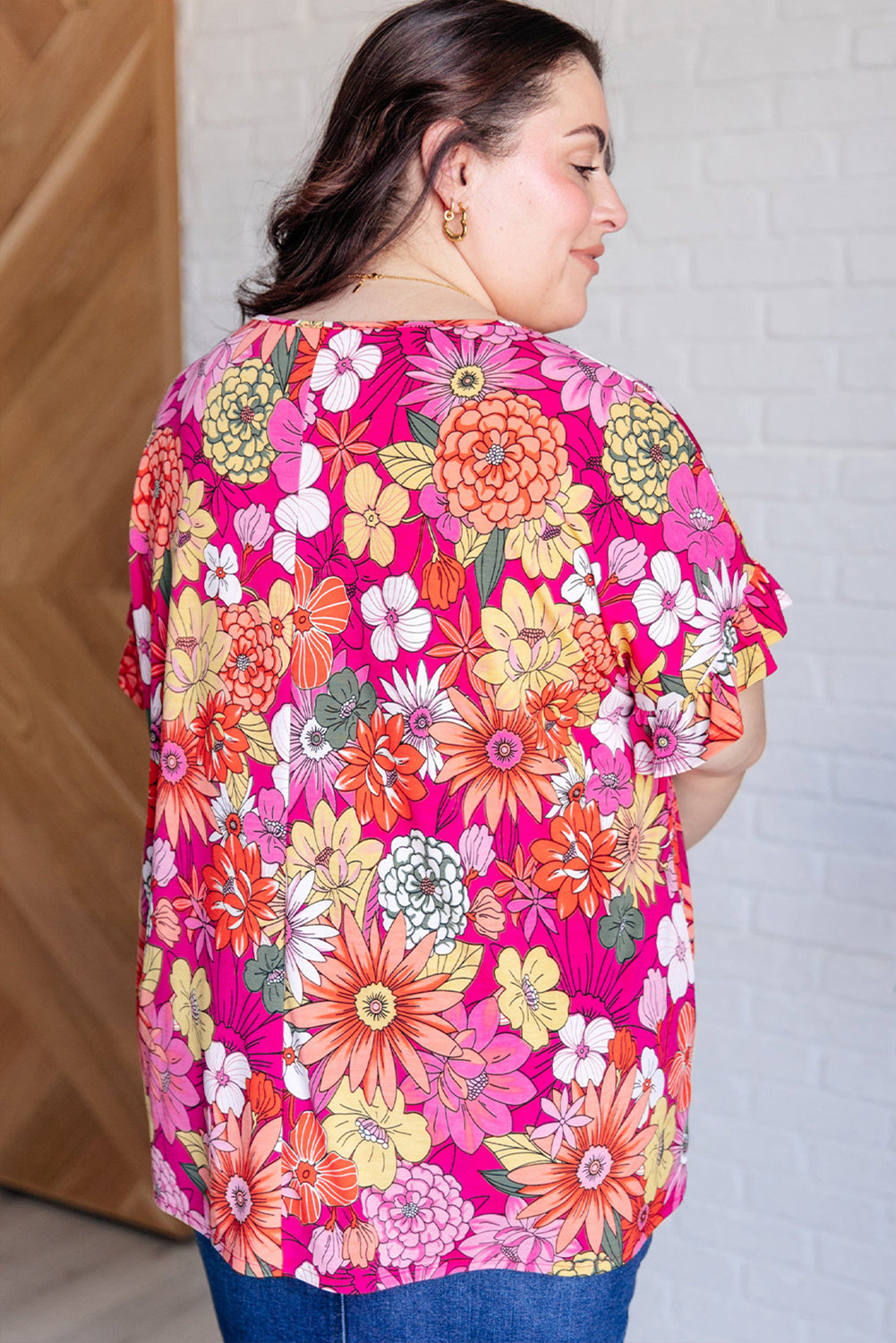 Rose Plus Size Floral Print Ruffle Short Sleeve Blouse