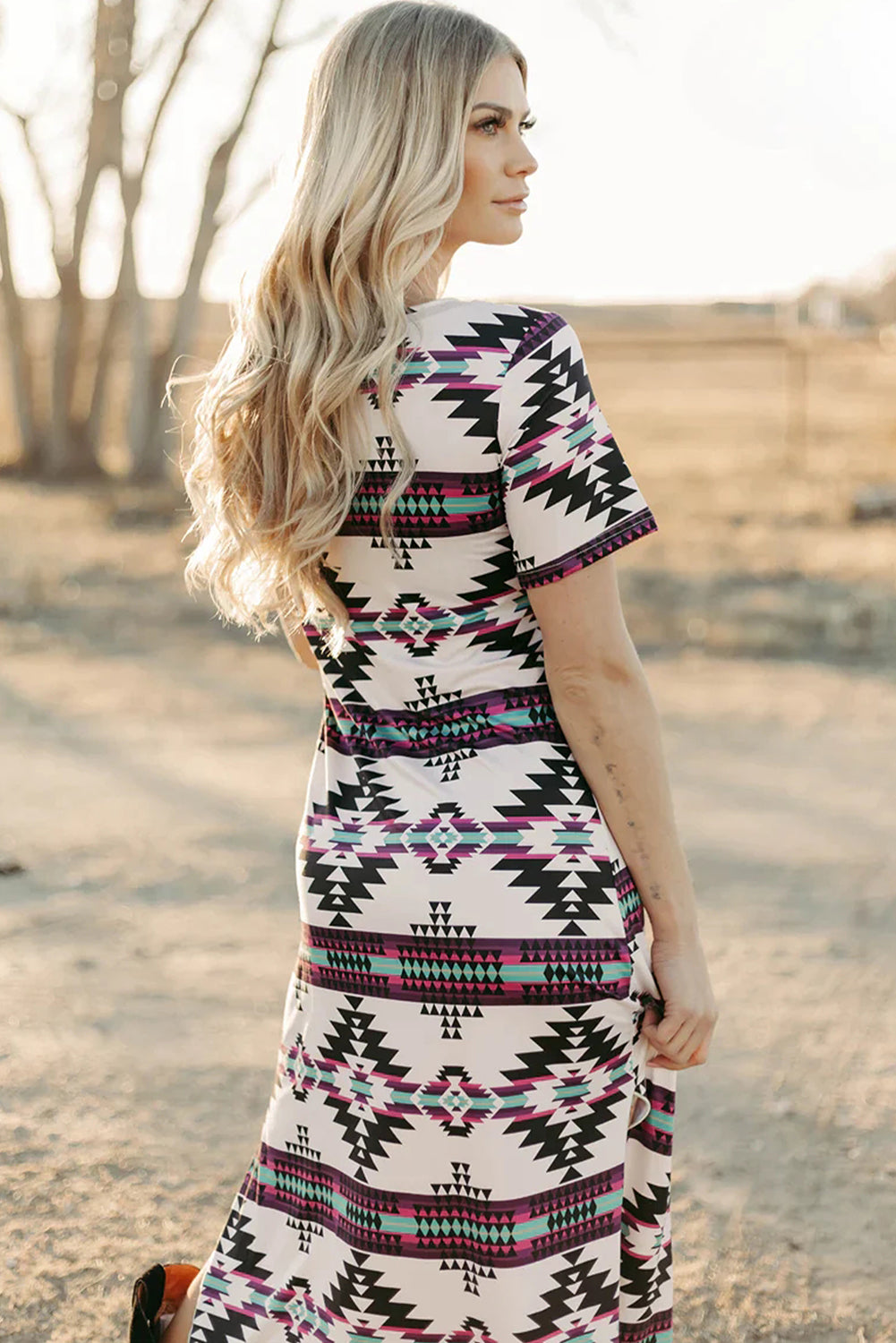 Beige Western Aztec Printed Long T-shirt Dress