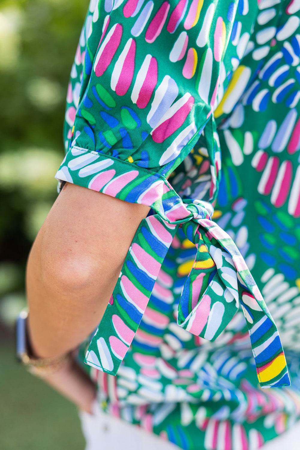 Green Abstract Print Knotted Short Sleeve Plus Size Blouse