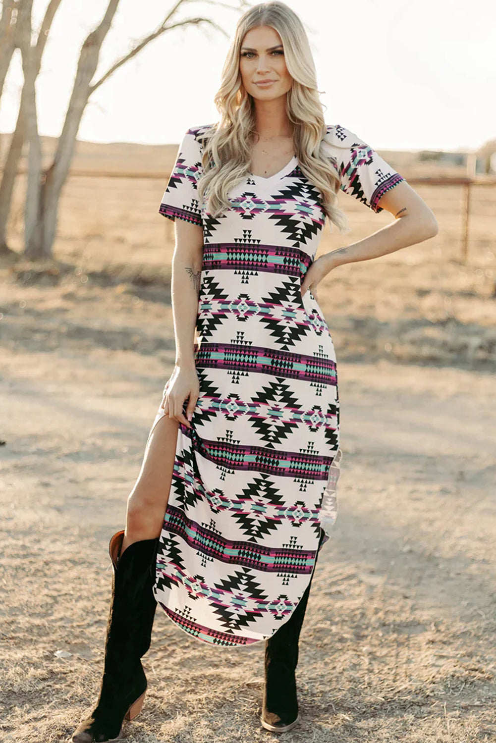 Beige Western Aztec Printed Long T-shirt Dress